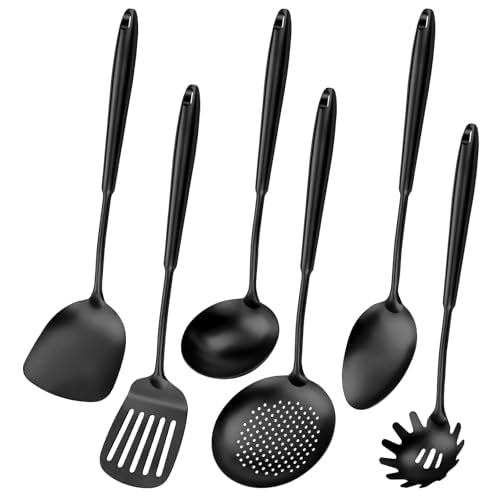 304 Stainless Steel Cooking Utensils,6 Pcs Kitchen Cooking Utensils Set with Spatula, Solid Spoon, Ladle, Skimmer, Spaghetti Spoon,Dishwasher Safe(Black) - color: Black, size: 6 PCS