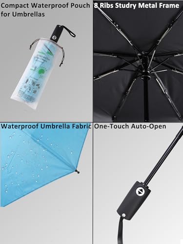BAODINI Compact Travel Umbrella Small Windproof Auto Open Close for UV Sun Protection UPF 50+ and Rain Fits Backpack Purse & Suitcase - color: Sky Blue