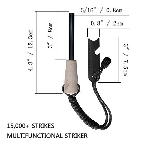 Fire Starter Survival Kit, Larger Ferro Rod with Striker Lanyard 3in Long Flint and Steel, 13.8in Wick Hemp Cord, Multifunctional Bag - style: Black Bag Kit