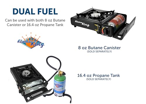 Flame King YSNVT-505-B Dual Fuel Butane & Propane Gas Camping Stove with Single Burner, Portable and Great for Outdoor Cooking, Backpacking, Hiking, & Emergency