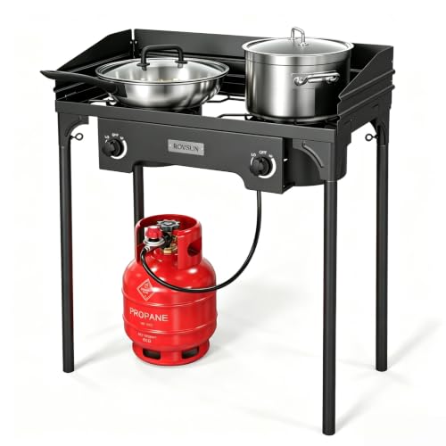 ROVSUN 2 Burner Outdoor Camping Stove with Wind Panel, 150,000 BTU Propane Burner, Gas Cooker with Detachable Legs & CSA Regulator for Home Camp Paito Cooking Frying Canning - style: 2-Burner