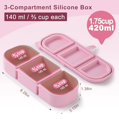 2Pack Silicone Reusable Snack Containers with Lids | Small 3-Compartment Snackle Box |Perfect for Kids Lunch, Sauce, Food Storage at School, Work, Travel - color: 3-Compartment (2-Pack)-Apricot,pink