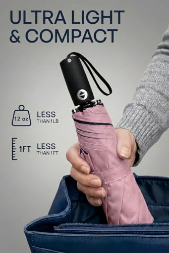 BAODINI Compact Travel Umbrella Small Windproof Auto Open Close for UV Sun Protection UPF 50+ and Rain Fits Backpack Purse & Suitcase - color: Pink