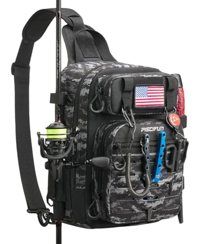 Piscifun Fishing Backpack Tackle Bag with 2 Rod Holders, Multi-Compartment Storage, MOLLE System, Water-Resistant Lightweight Outdoor Pack,Single Shoulder Black Camouflage Standard | Water-Resistant Lightweight Outdoor Pack, fits 3×3600 boxes, reinforced