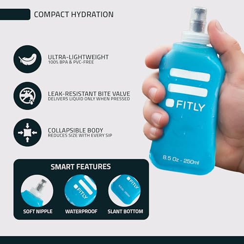 FITLY Soft Flask - Shrink As You Drink Soft Water Bottle for Hydration Pack - Folding Water Bottle Ideal for Running, Hiking, Cycling, Climbing & Rigorous Activity - color: Blue, size: 8.5 Ounces