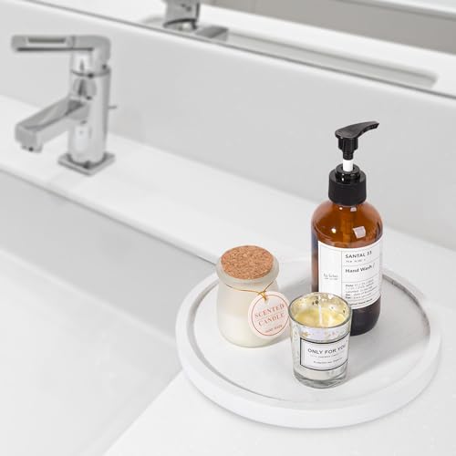 Round Decorative Tray Farmhouse Kitchen Decor Soap Dish, 9" White | Waterproof, Lightweight, Easy Clean, Wood Riser Pedestal Stand Accessories for Office Desk, Vanity, Counter, Sink - color: White, size: 9"