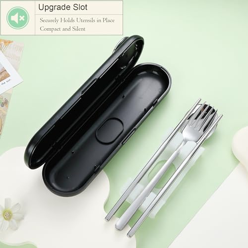 DEVICO Travel Utensils with Case Cute, Reusable Silverware for Lunch, 4Pcs Portable Cutlery Set, 18/8 Stainless Steel Fork Spoon Chopsticks in Cartoon Case, Dishwasher Safe (Black) - color: Black