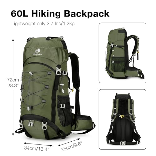 60L Camping Backpack, Large Backpacking Backpack for Hiking, Green | with Rain Cover, Waterproof, for Men & Women, Lightweight, Large & Long, Rucksack Pack for Climbing Touring Travel Camping - color: Dark Green