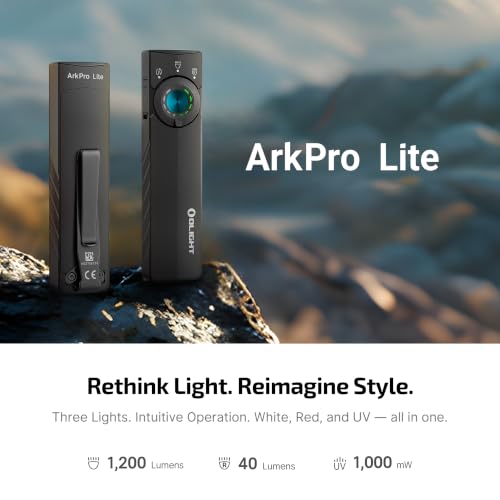 OLIGHT ArkPro Lite EDC Pocket Flashlight Rechargeable with UV Light, Black | Red Light, White LED, 1200 Lumens, USB-C, Magnetic, Portable Flat Flashlight for Pet Urine Detection, Camping, Emergency Work - color: Matte Black