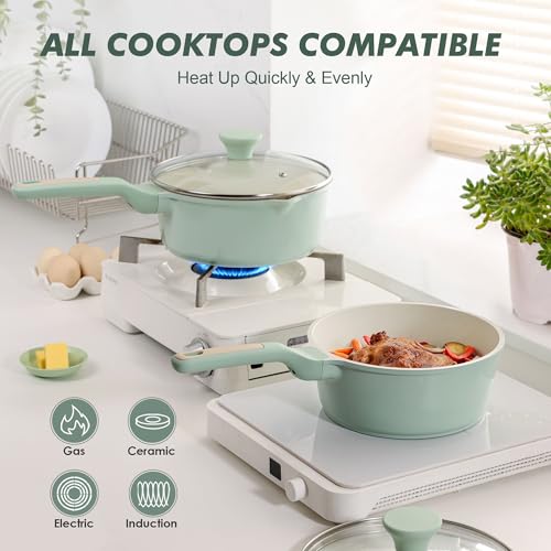 SENSARTE Ceramic Nonstick Saucepan with Lid 1.5 QT, PTFE/PFAS Free, Green | Small Kitchen Cooking Pot with Stay Cool Handle, Induction Compatible, Ceramic Coating - color: Mint Green, size: 1.5 Quarts