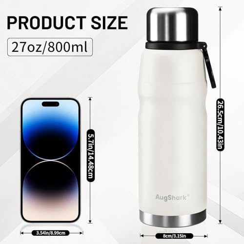 20oz Vacuum Insulated Stainless Steel Thermoses with Foldable Handle & Leakproof Lid, Slim Travel Coffee Cup for Hot/Cold Drinks, Fits Car Cup Holders - color: White-27oz