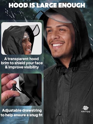 ANYOO Waterproof Raincoat Men Women Packable Hooded Reflective Pockets | Adjustable drawstrings & cuffs for windproof fit，breathable material, non-sticky comfort for all-day wear - color: R Black