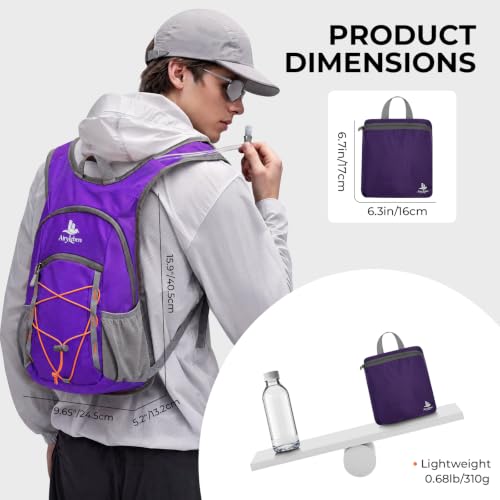 14L Small Hiking Backpack, Packable Travel Daypack for Men Women | Lightweight, Quick-Access Phone Pocket, Breathable, Water Resistant, Adjustable Straps, Emergency Whistle, Commuting Cycling - color: Purple