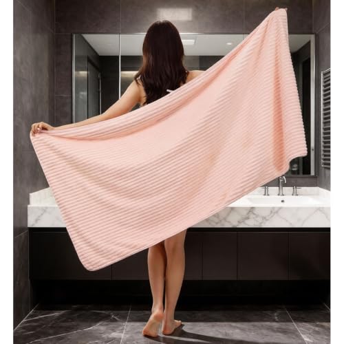 Bath Towels 4-Pack, 27.5x55 Inches - Ultra Soft and Highly Absorbent Quick Dry Microfiber Towels with Hanging Loop, Beauty Twill Stripe Design for Bath, Beach, Gym - color: Dark Grey+blue+white+pink