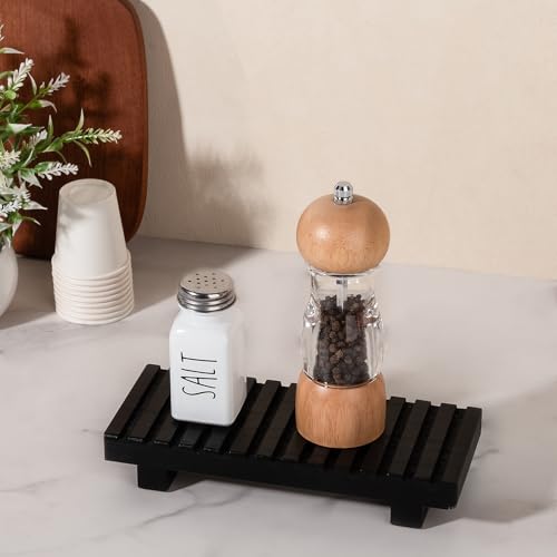 Bathroom Tray Rustic Farmhouse Decor Wood Stand, 8.6" * 3.6" Black | Waterproof, Lightweight, Easy Clean, Wood Riser Kitchen soap holder Accessories for Office Desk, Vanity, Counter, Sink - color: Black, size: 8.7" x 3.6" x 1.6"