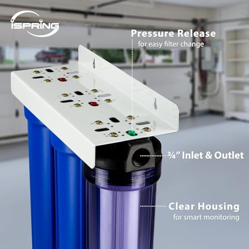 iSpring WCB32C-GAC+AHPF12MNPT12X2 3-Stage Whole House Water Filter System w/ 3/4'' Push-Fit Braided Stainless Steel Hose Connectors, Reduces Chloramine, PFAS, Chlorine, Sediments, 3/4" Inlet/Outlet - color: Clear 1st Stage Filtration System, style: PFAS &