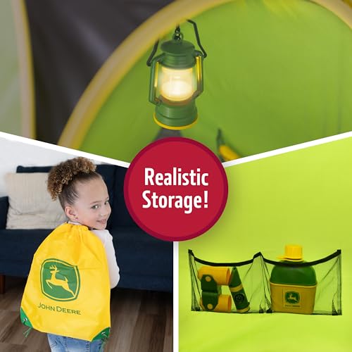 John Deere Pop-Up Camping Tent, 18 Piece Set Includes Canteen, Plates, Utensils, Play Food, Pots, Binoculars, Lantern, and Flashlight, Indoor and Outdoor Play