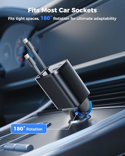 Smaller 4 in 1 Retractable Car Charger with Dual Type C Cords | 69W Fast Retractable USB C Car Charger, Car Accessories Car Chargers for iPhone 17 16 15 14 13 12 Galaxy Pixel, Black - color: Black, size: 2 Cords for Type C+Type C