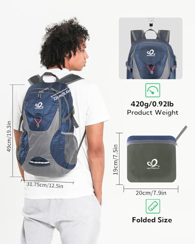 WATERFLY Lightweight Packable Hiking Backpack, 30L Day Pack Blue | Water Resistant Foldable Travel Daypack with Multiple Pockets, Wet Pocket, Ultralight Day Pack for Woman Man, Everyday Carry - color: Blue