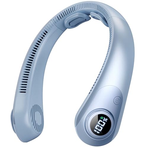 Portable Neck Fan that Blow Cold Air, LED Display, Rechargeable Hands-Free Wearable Cooling Personal Fan, 5 Speed, Neck Support, Bladeless Neck Air Conditioner, Gifts for Women/Men, Hot Flashes - color: Light Blue