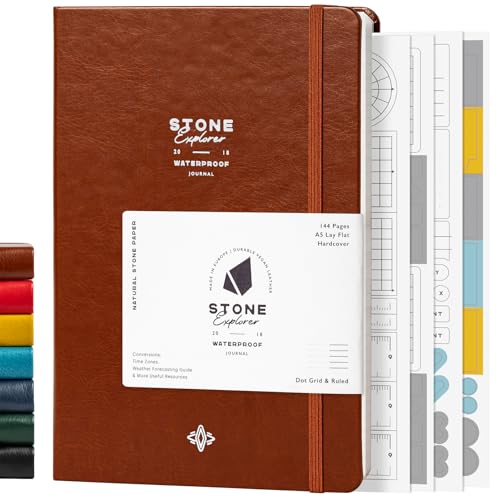 Stone Journal Explorer Notebook – A5 Waterproof Paper Field Journal, Vegan Leather Hardcover, 144 Pages Alternating Ruled & Dot Grid, Back Pocket, Weather-Resistant (Tan Brown) - color: Tan Brown