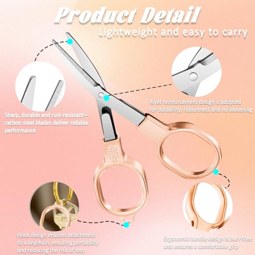 2 PCS Stainless Steel Mini Folding Scissors, Safety Pocket-Sized Multipurpose Scissors with Keychains for Travel, Home, Office, Crafts, Sewing & Nurse Accessories (Rose Gold) - color: Rose Gold