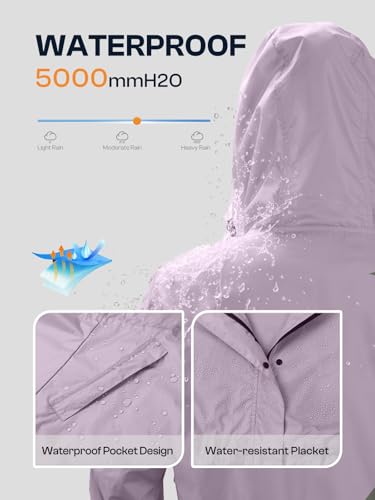 SaphiRose Women's Lightweight Long Rain Jacket Packable Raincoat Hooded Outdoor Trench Coats - color: Light Purple, size: Small