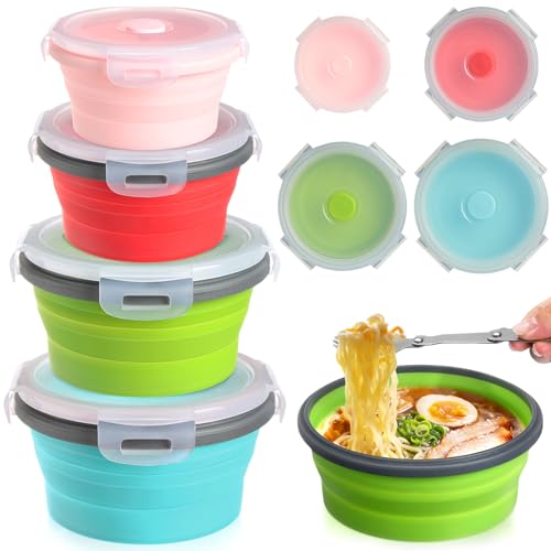Suclain 4 Pcs Collapsible Bowls with Lids Silicone Camping Food Storage Container Expandable Folding Salad Lunch Box Travel Container for Hiking Camping - color: Red, Pink, Blue, Green