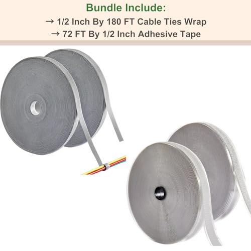 ECOHomes Bundle - 1/2 Inch by 180 FT Cable Ties Wrap + 72 FT by 1/2 Inch Hook Loop Adhesive Tape