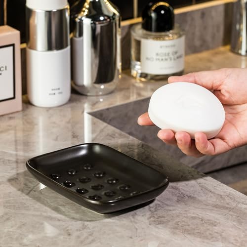 Miamolo Soap Dish, Ceramic Soap Holder Shower Soap Dish for Bar Soap Sponge, Soap Saver Tray for Bathroom Kitchen Sink, Black (Pack of 2) - color: Black, size: Floating Point Design (Pack of 2)