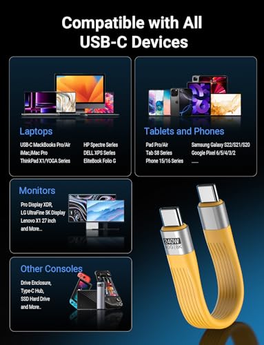 VAFOTON PD 240W Short USB C Cable/USB 4.0 USB C Short Cable/40Gbps Transfer | 8K 60Hz Video Display, Thunderbolt 3/4 for 1Phone17/16/15, Ma-Book/1Pad Series, Samsung Galaxy, Android Auto, VR Device - color: Yellow