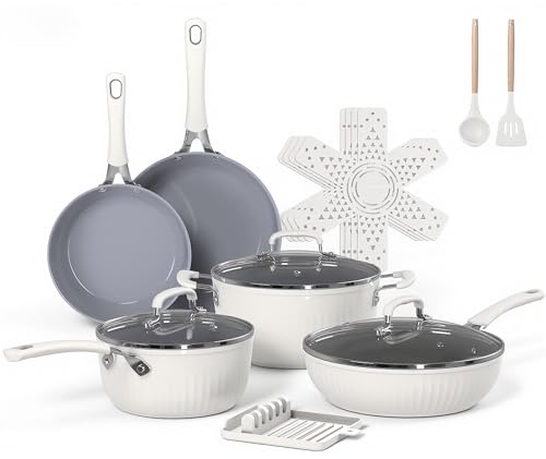 Ammeloo 15-Piece Ribbed Ceramic Cookware Set, Pots and Pans Set Non Stick, Induction Ready, Healthy Non Toxic Kitchen Cooking Set PFAS/PFOA/PTFE-Free, Silicone-wrapped Stay-Cool Handle - color: Cream White