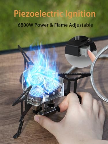 ONLYFIRE OUTDOOR LIVING Portable Camping Stove with 1LB Propane Gas Adapter | Backpacking Stove Piezo Ignition, Mini Camp Stoves with Carry Bag for Outdoor Cooking Picnic Hiking Emergency, 6800W, GS334 - color: Black 6800W