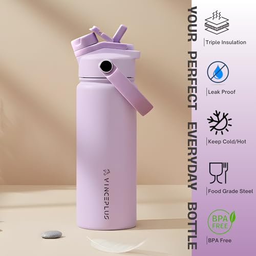 18oz Stainless Steel Water Bottle with 2 in 1 Lid | Triple Wall Vacuum Insulated | Leak-Proof, Carry Handle, Wide Mouth Travel Mug | BPA-Free for Kids & Adults (Lavender Cream, 18oz) - color: Lavender Cream, size: 18 Ounces