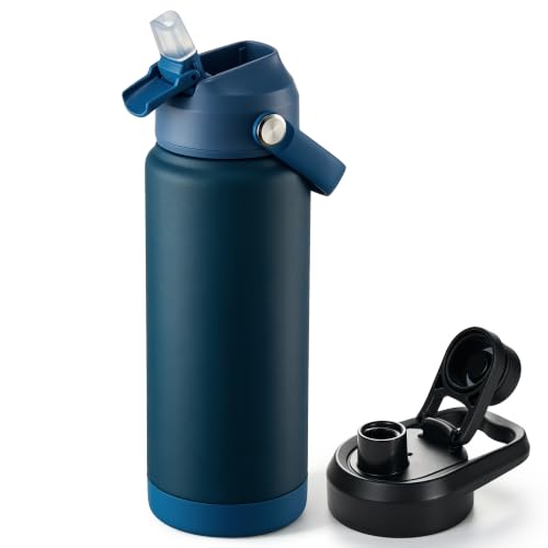 Fijinhom 24 oz Insulated Water Bottle with 2 Lids, Stainless Steel Water Bottles, Double Wall Vacuum, Portable Handle & Non-slip Bottom, BPA Free Leak Proof Metal Bottles, Keep Cold 24H, Dark Blue - color: Deep Blue, size: 24 Ounces