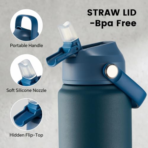 Fijinhom 24 oz Insulated Water Bottle with Straw Lid, Stainless Steel Water Bottles, Double Wall Vacuum, Portable Handle & Non-slip Bottom, BPA Free Leak Proof Metal Bottles, Keep Cold 24H, Blue/Black - color: Blue/Black, size: 24 Ounces