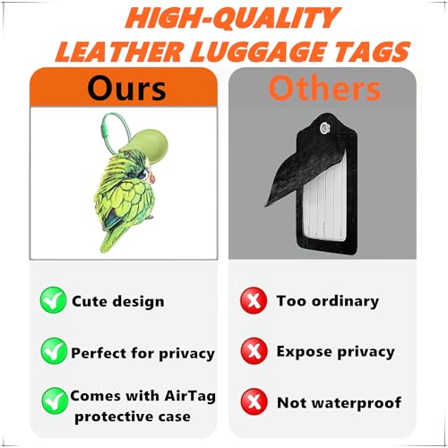 PU Leather Luggage Tag with Airtag Holder Case Set and Name ID Label - color: Green Bird