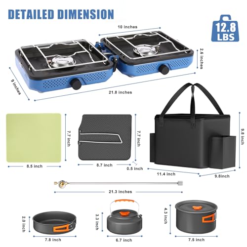Hisencn 2 Burner Propane Camping Stove, 30000 BTU Foldable Portable Gas Stove with Cookware Set & Carry Bag, Outdoor Cooking for Camping, RV, Emergency Use, Blue - color: navy blue