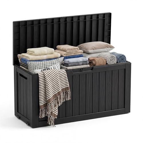 PatioZen 75 Gallon Resin Deck Box, Space-Saving Weatherproof Outdoor Storage Box for Furniture, Garden Tools and Tools Storage, Waterproof Outside Storage Boxes Black - color: Black, size: 75 Gallon Plus
