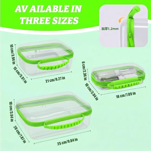 3 Pack Deep Clear Hard Shell Zipper Cases with Handle (Green) | Travel Toiletry Bag, Waterproof 1.2mm PET Hard Plastic Pouches, Organizer Box for Makeup, Toy, Snack, Stationery, Diaper - color: Green Handle(L+M+S)