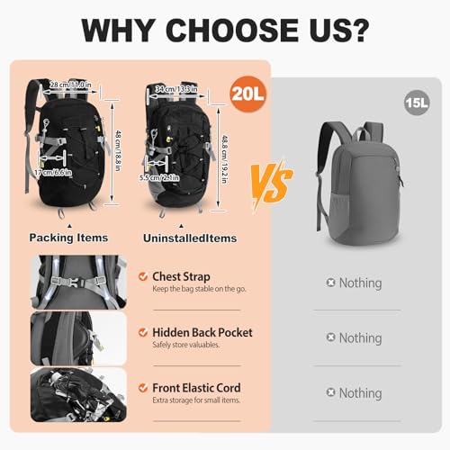 20L Hiking Backpack Lightweight Packable Daypack | Water-Repellent Nylon, Padded Straps, Dry-Wet Compartment, 2 Bottle Pockets, Reflective Strip, Hiking Camping Travel, Black - color: Black