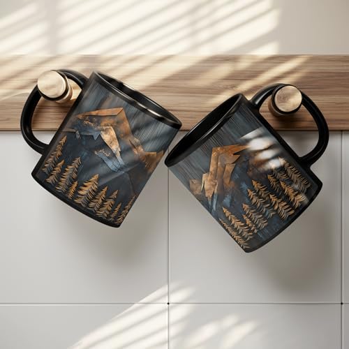 Mountains and Forest Trees Coffee Mug – One Mug, Full Wrap Design (Not Textured) – Outdoorsy Gift for Nature Lovers, Hikers, Campers & Rustic Cabin Decor – 11oz Black Ceramic Cup - size: 11 Ounces