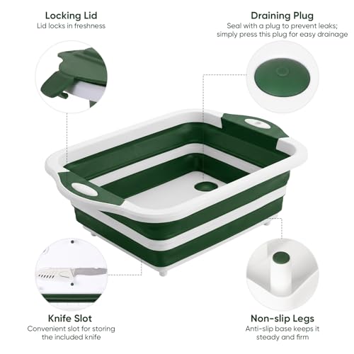Collapsible BBQ Prep Tub with Lid, Foldable Camping Sink with Colander, Cutting Board, Dish Basin for Kitchen, Bowl, Vegetable and Fruit, Storage Basket for Picnic-Green - color: Green