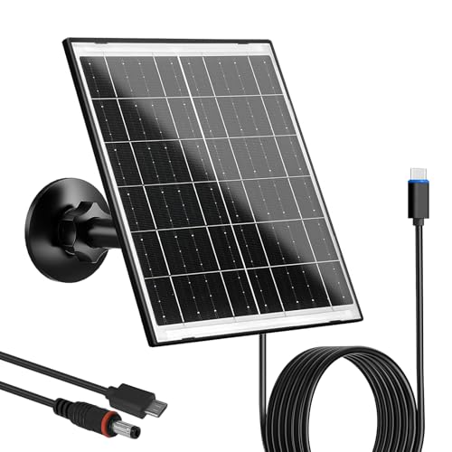 Zivif 10W Solar Charger for Battery-Powered Security Camera Outdoor | 5V Solar Panel with USB-C, Micro USB & DC 5.5×2.1mm Ports, IP66 Waterproof, 360° Adjustable Mount, 7.2ft Cable - color: 10W Black