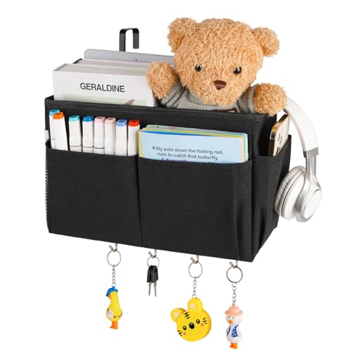 Bedside Caddy Organizer 5 Pockets and 4 Hooks for Bunk Bed Black - color: Black