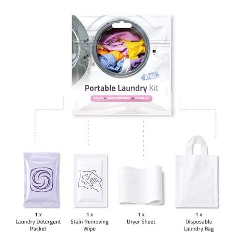 Portable Laundry Kit – Travel Clothes Cleaning Essentials with Liquid Detergent, Stain Remover Wipe, Dryer Sheet & Laundry Bag – Bulk Supply for Motels, Camping & Charities (5 Packs) - size: 0.25 Fl Oz (Pack of 5)
