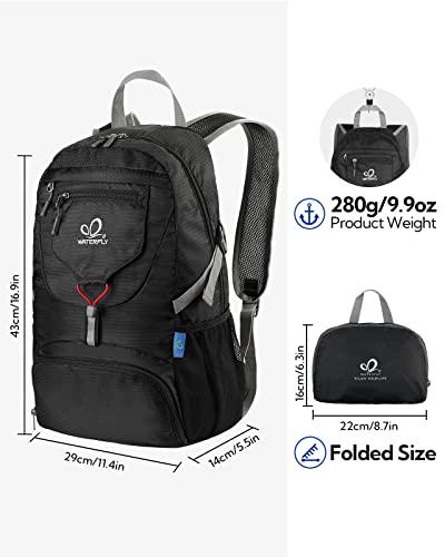 WATERFLY Small Lightweight Packable Backpack: 20l Hiking Daypack Man Woman | 20L,Recycled nylon material,Multi-compartment storage,Water-resistant,Everyday carry,Ultra Light Foldable Travel Day Pack - color: Black