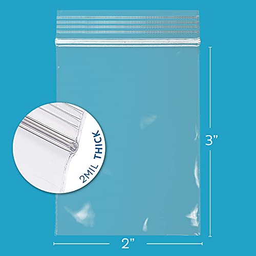2" x 3" Small Zip Bags, 100 Pack, Clear Plastic Reclosable Poly Baggies, 2 mil with Resealable Zip Top Lock for Storage & Packaging Jewelry, Pills, Meds, Candy, Beads & Seeds. GPI - size: 2" x 3"