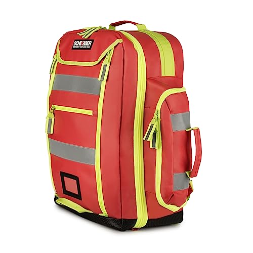 Scherber Fully-Stocked Premium First Responder Backpack | EMT/EMS Medic Trauma & Oxygen Medical Professional Kit | Bag w/ 4 Color-Coded Removable Pouches, O2 Storage, & 250+ First Aid Supplies - Red - color: Red
