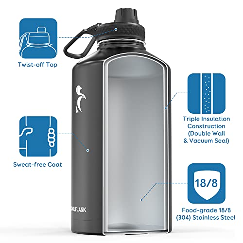 Coolflask 128 oz Gallon Water Bottle Insulated with Straw & 3 Leakproof Lid | Large Water Jug Stainless Steel Triple-Wall, Cold 48+h/Hot 24+h, Dishwasher Safe, BPA-Free, for Outdoor Gym & Hiking - color: Magic Black, size: 128 Ounces